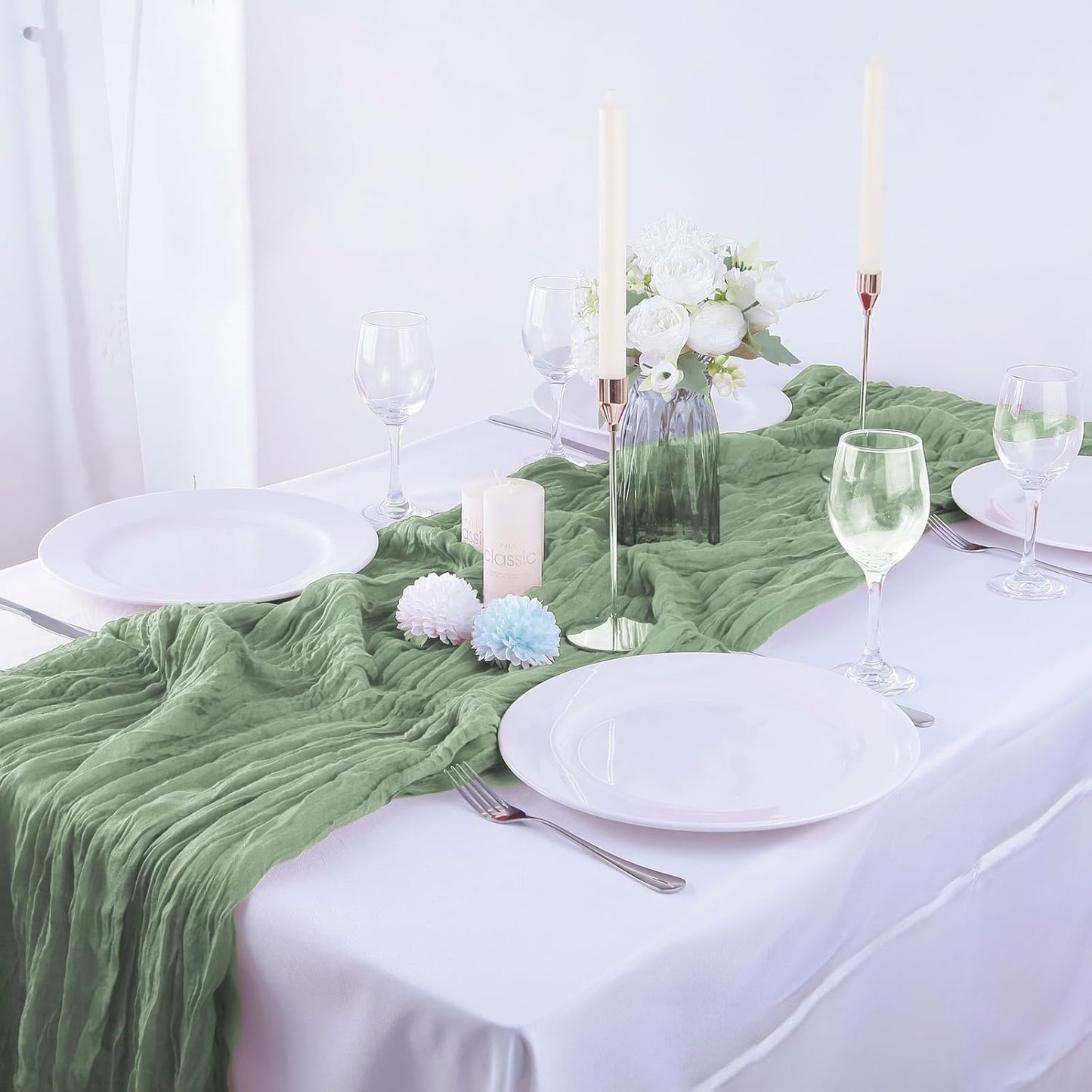 12Pcs Sage Green Cheesecloth Table Runner 120 Inch Green Cheesecloth Table Runner10FT Sage Table Runner Boho CheeseClothTable Runner forWedding Party Baby Shower Birthday Home Decor HolidayDecorations