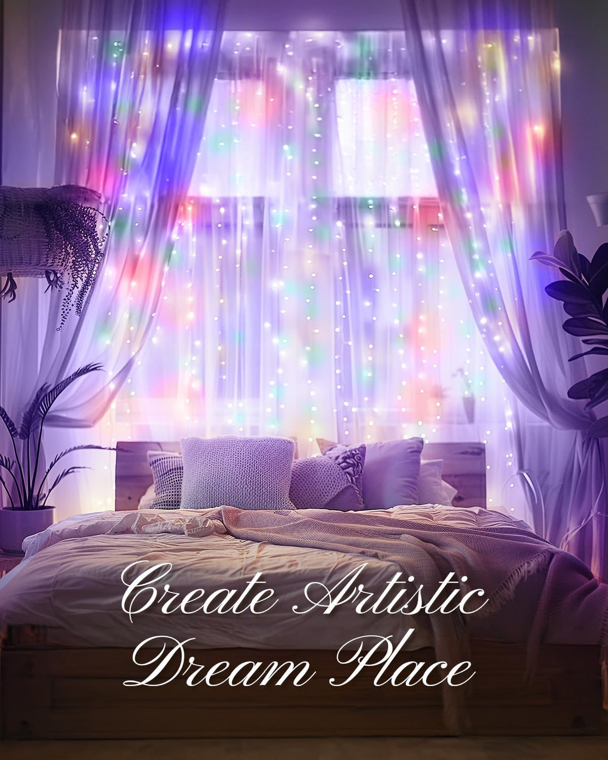 Brightown Smart Curtain String Lights - 9.8ft 300 LED Fairy Lights with APP Remote, 8 Modes, USB Powered Waterproof Christmas Hanging Lights for Bedroom Wedding Party, Multicolor