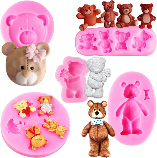 Bear Silicone Molds, AIMEIKI 5 Pcs 3D Bear Silicone Fondant Molds for Chocolate Decorating Cake Candy Gum Paste Polymer Clay Crafting Projects