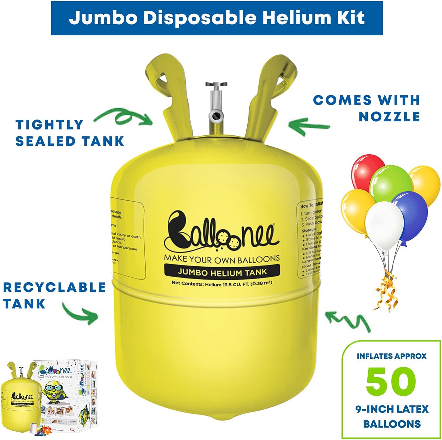 Jumbo Disposable Helium Party Kit - Pack of 3, Helium Tank for Balloons At Home, 13.5 Cu Ft Helium Balloon Pump Kit with 150 Assorted Latex Balloons, Portable for Celebrations