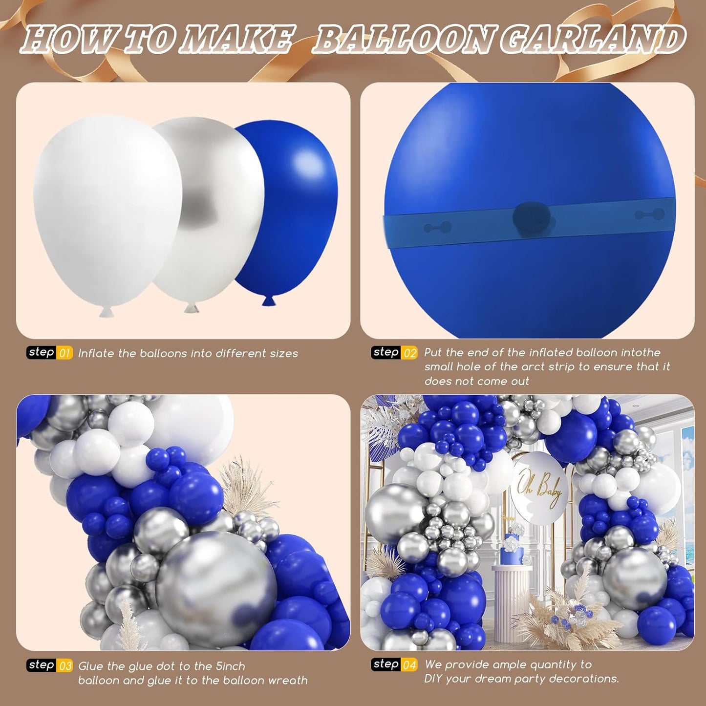 412Pcs Blue White Silver Balloon Arch Kit,18 12 10 5 Inch Different Size Royal Blue and White Balloons for Graduation Birthday Wedding Party Decorations