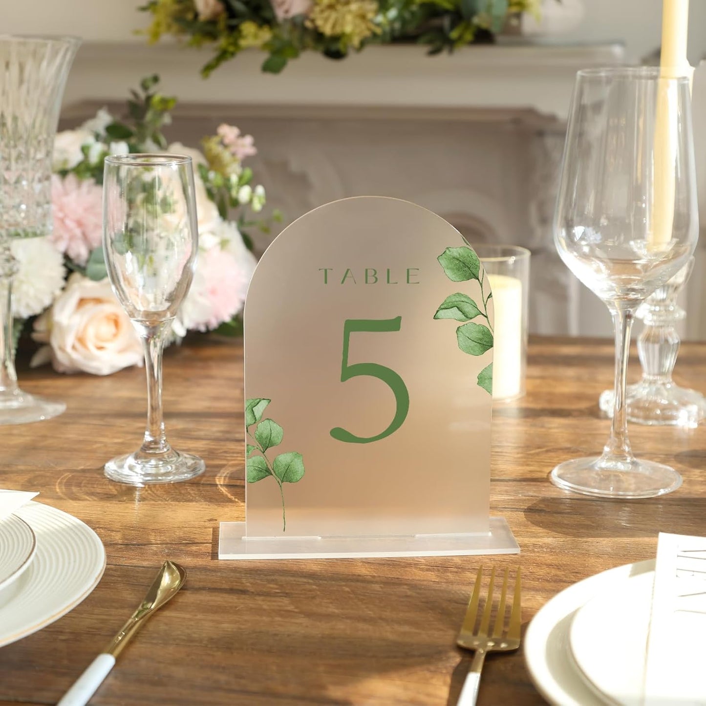 UNIQOOO 10 Pack Acrylic 5x7 Frosted Arch Table Sign for Wedding with Holders, 1/8 in Thick, DIY Blank Arch Sign Sheet Perfect for Decoration, Party,Anniversary, Event, Stand Included