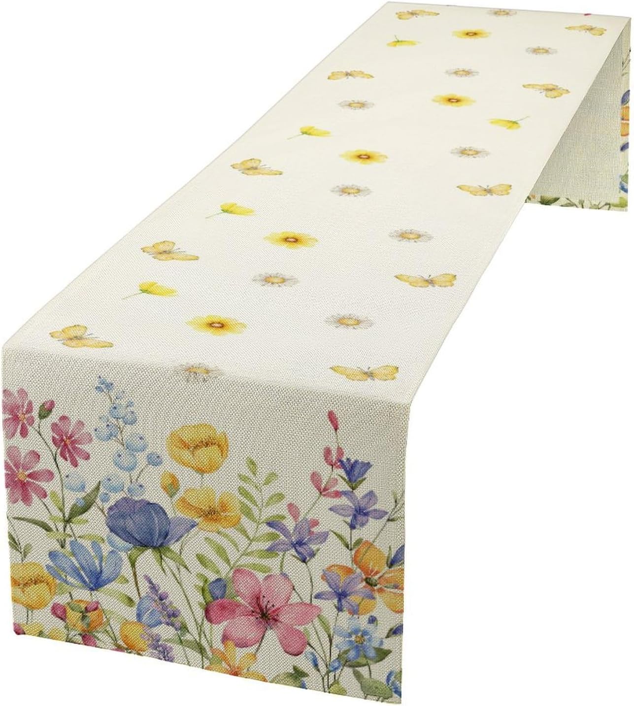 Flower Table Runner, Colorful Watercolor Pink Flower Plants Nature Butterfly Table Runner for Kitchen Dinner Living Room Home Party, 13x36 Inch