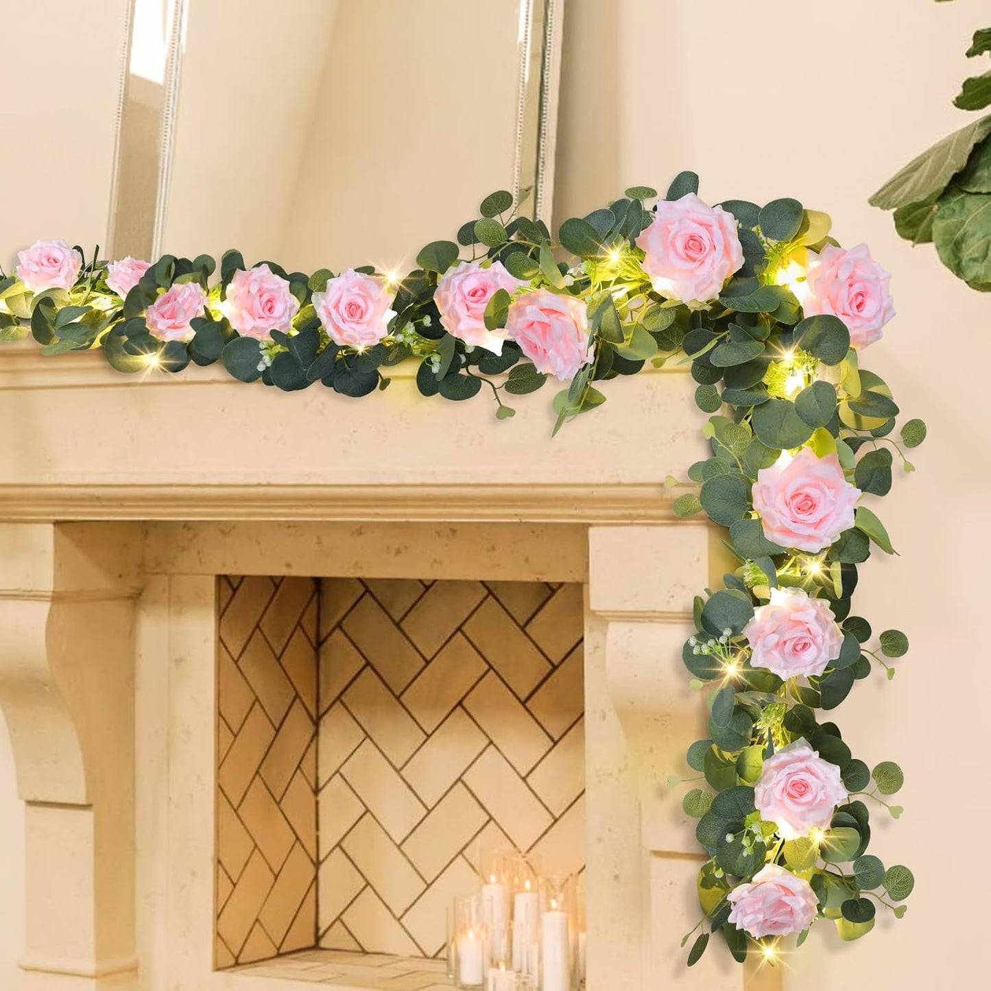 MACTING 2 Pack 13.2FT Eucalyptus Garland with Lights - Spring Gypsophila Flower Garlands with 24 Pink Roses Artificial Floral Greenery Vines for Arch Table Centerpieces Backdrop Party Wedding Decor