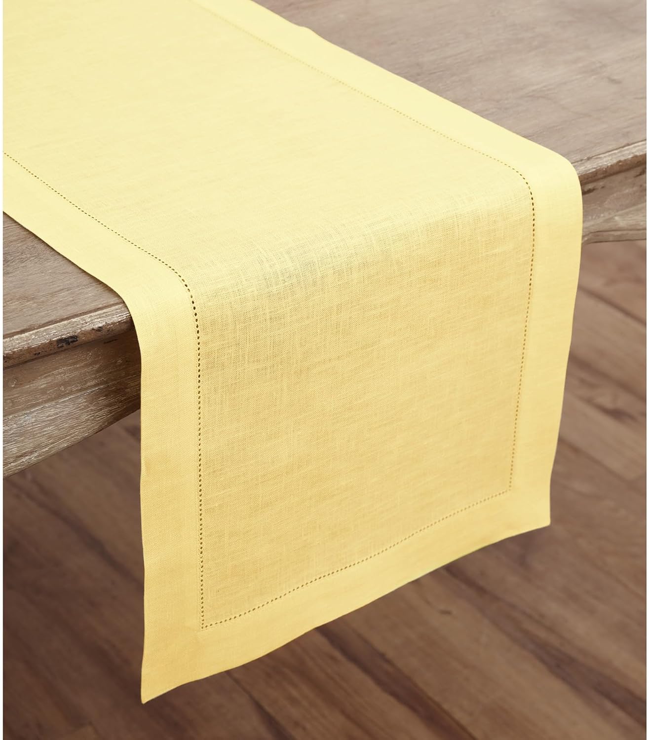 Solino Home Linen Yellow Table Runner 36 Inches - Classic Hemstitch, 100% Pure Linen Coffee Table Runner 14 x 36 Inch Ideal for Dresser Tables