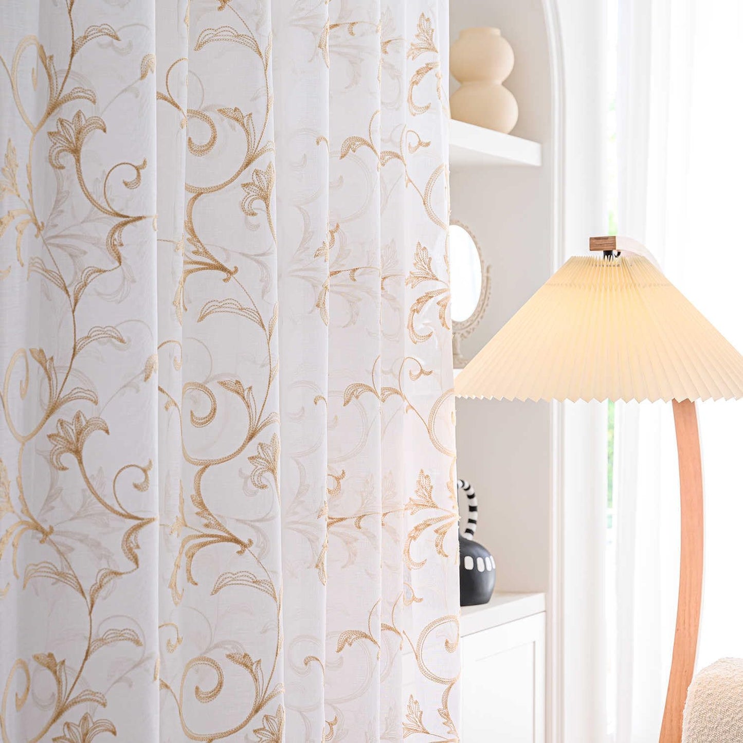 White Sheer Curtains 84 Inches Long, Rod Pocket Sheer Drapes for Living room, Bedroom, 2 Panels, 52"x84", Vintage Beige Floral Patterned Boho Window Curtains for Yard, Patio, Villa, Parlor.