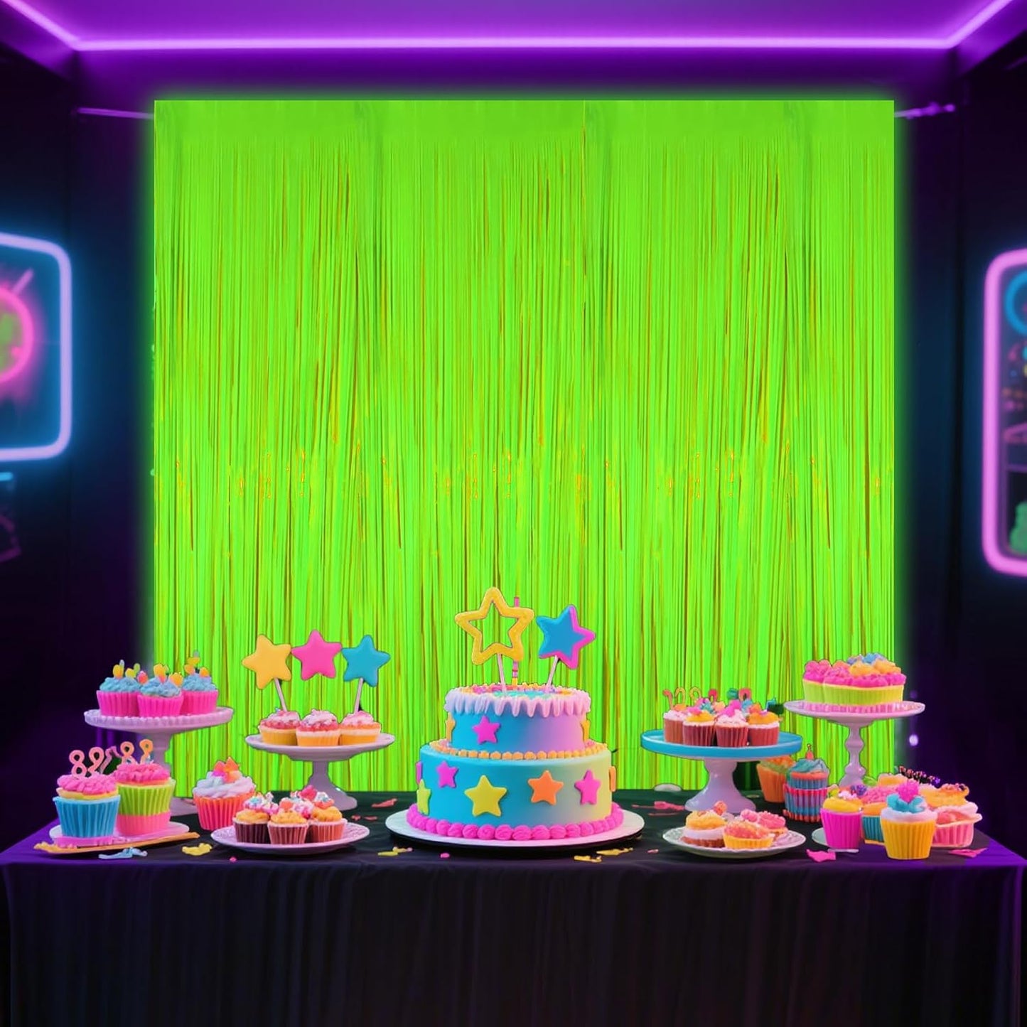 4 Packs Glow in The Dark Foil Fringe Curtain, Macaron Yellow Blacklight Reactive Fluorescent Tinsel Backdrop Neon Luminous Streamers for Birthday, Wedding, Neon Party, Glow Party Decorations Supplies