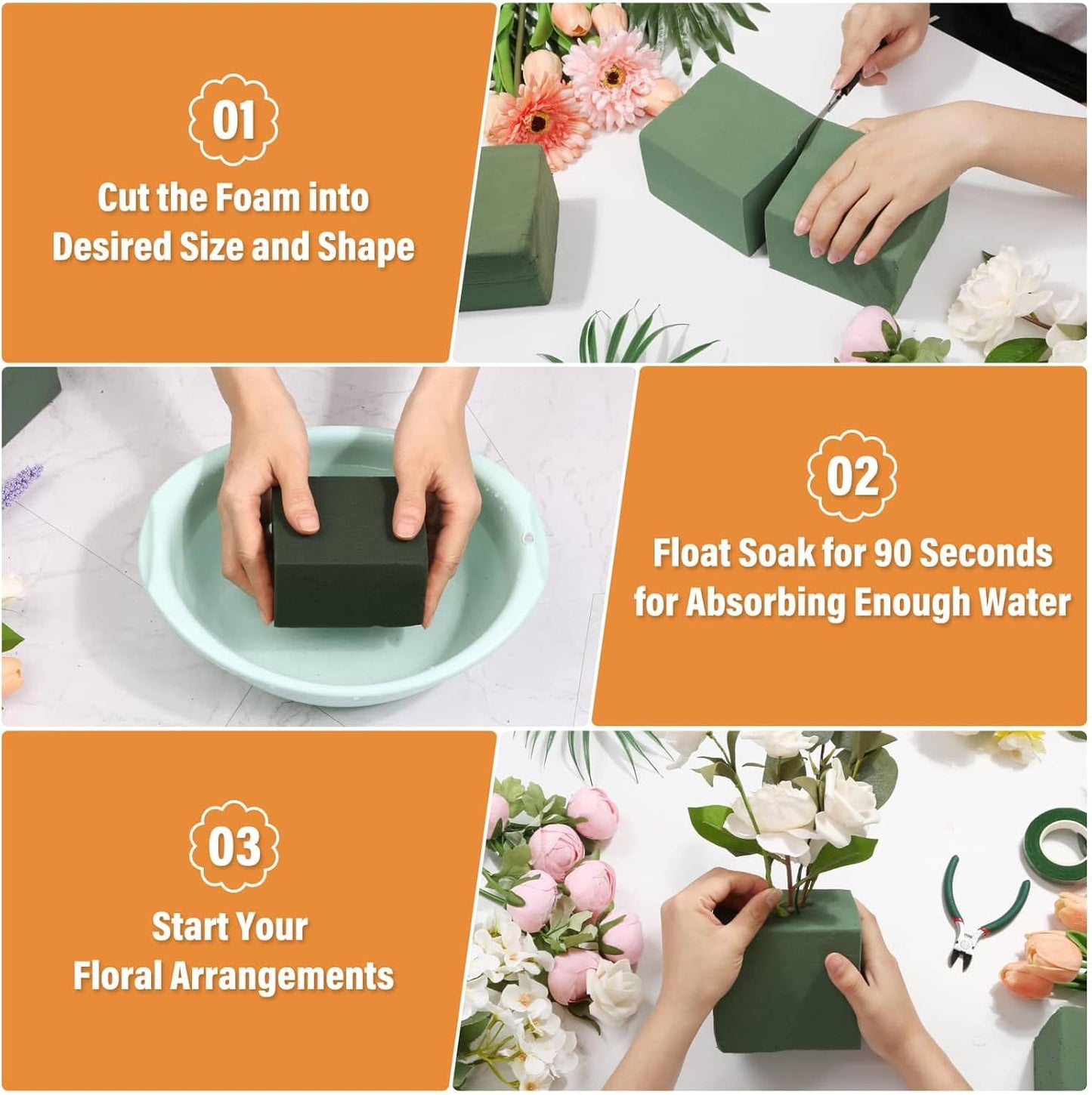 8 Pcs Floral Foam Blocks for Flower Arrangement (7.8” L x 3.5” W x 2.4” H) Wet and Dry Green Floral Foam for Wedding, Birthdays, Home Decorations