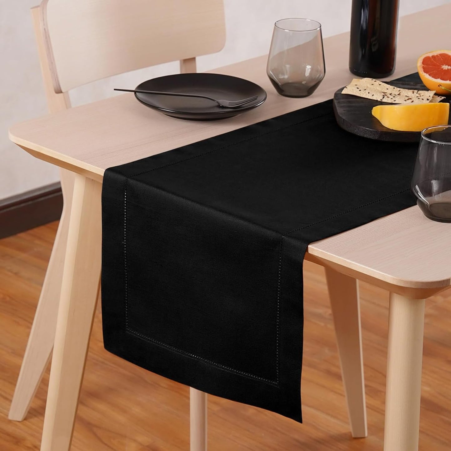 Black Table Runner 90 Inch–Cotton Linen Hemstitch Farmhouse Table Runner 14x90 – Washable Fabric for Dining, Fall, Halloween, Thanksgiving, Spring, Summer, Wedding, Everyday Décor – Serena