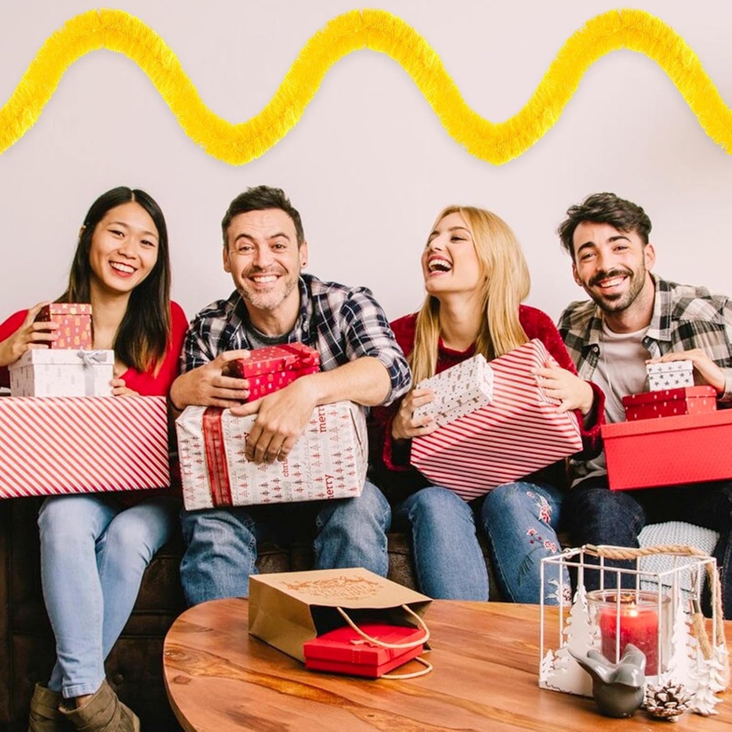 50 Feet Christmas Foil Fringe Banner Metallic Tassle Garland Metallic Backdrop Parade Floats Shiny Hanging Ceiling, Valentine's, Wedding, New Year Party Decorations(2" x 50', Macaron Yellow)