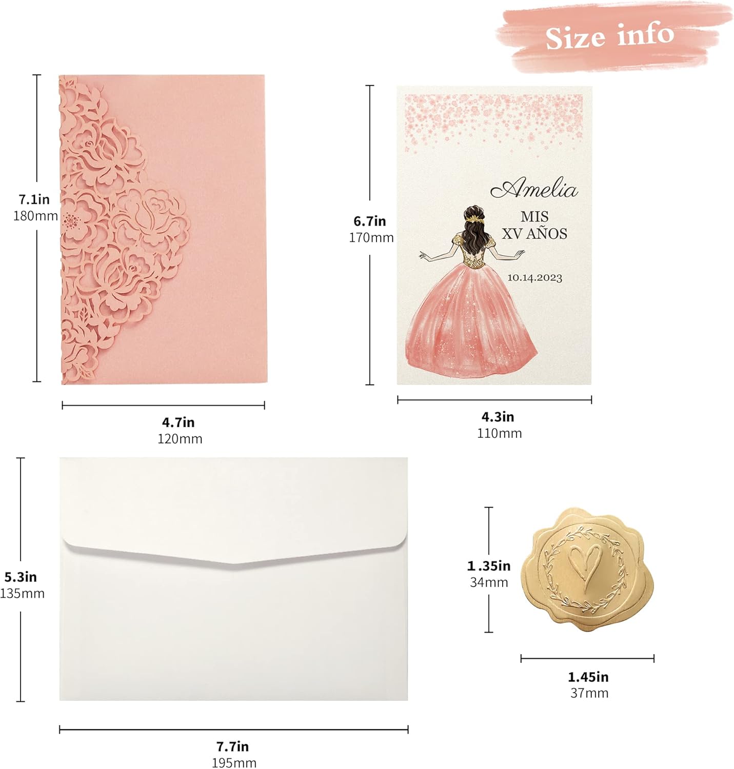 DORIS HOME 50pcs Laser Cut Quinceanera Invitations Pink, 4.7x7.1 Personalized Quince Invitations for 15th Birthday, Invitation cards for Sweet 16 with Envelopes