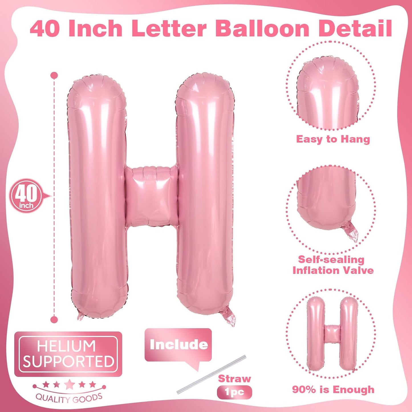 Big Letter Balloon H Pastel Pink, Mylar Alphabet Customize Name Balloon Letter Light Pink, Self Inflating Baby Pink Foil H Custom Letter Balloon for Girls Women Birthday Party Baby Shower Decoration