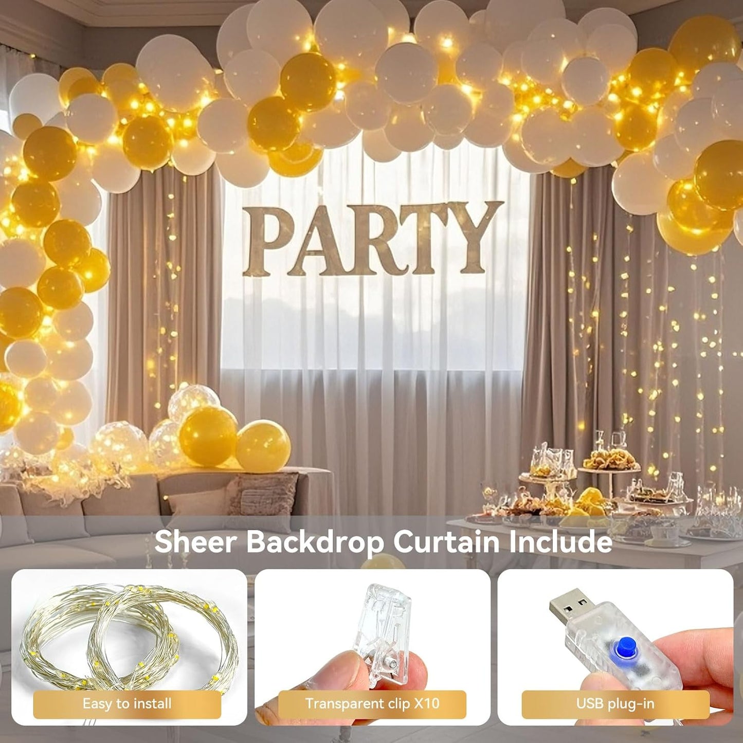 Ledido 10×8ft Tulle Backdrop Curtains with Lights String - 300LED Fairy Lights Sheer Curtain Backdrop for Weddings Baby Shower and Birthday Party Decorations(4 Panels 5×8ft)