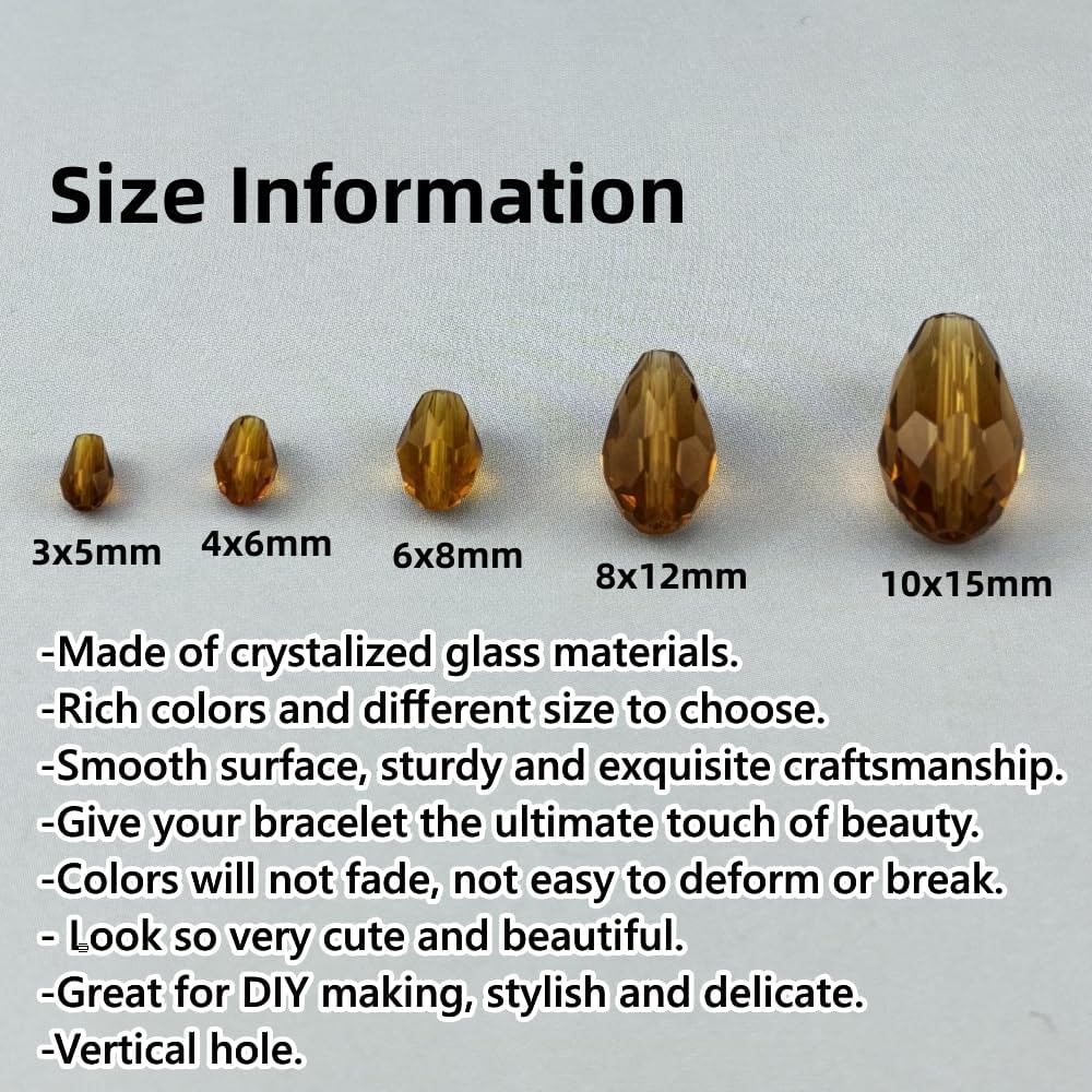 150pcs 4x6mm Teardrop Crystal Glass Beads for Jewelry Making, Faceted Vertical Hole Teardrop Glass Spacer Beads for Wind Chimes Bracelet Earring Necklace DIY Craft(Amber)