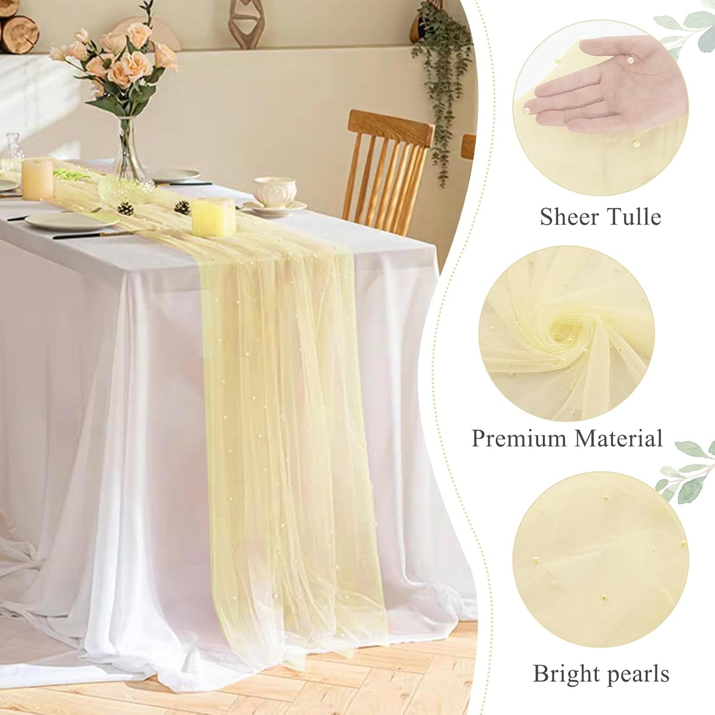 Pearl Table Runner 29 x 120 Inch Tulle Fabric Lace Table Runners Boho Rustic Tablecloth for Bridal Shower Birthday Party Wedding Arch Aisle Veil Dessert Table Decor(1 Pack, Ivory)