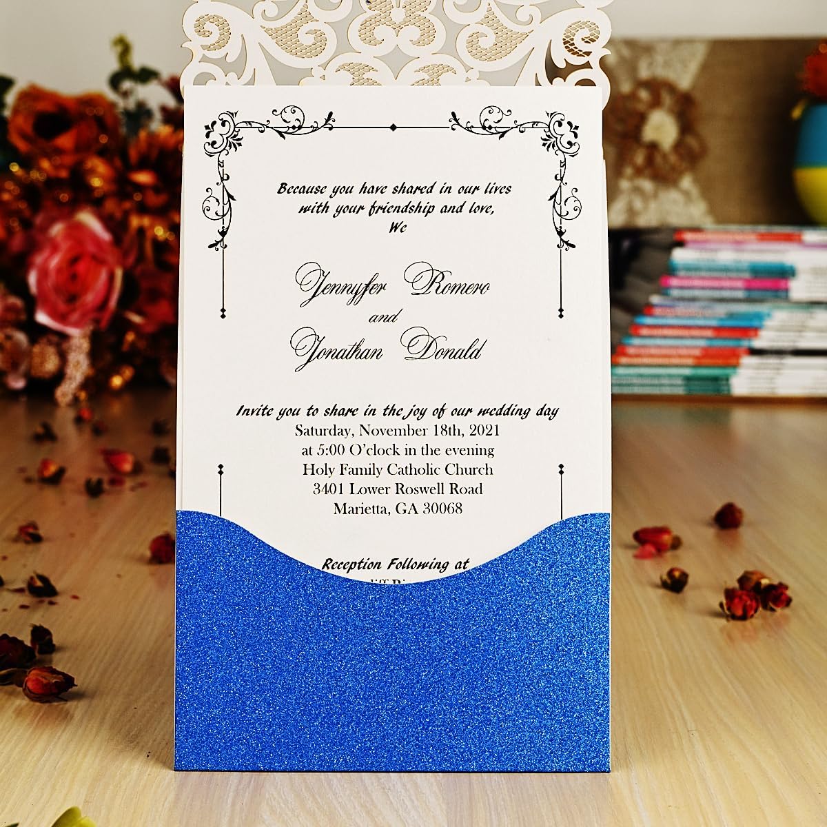 Hosmsua 50PCS Wedding Invitations Cards 5 x 7.3 Inch Laser Cut Hollow Rose Invitation with Rhinestone for Bridal Shower Engagement Quinceañera (Royal Blue Glitter)