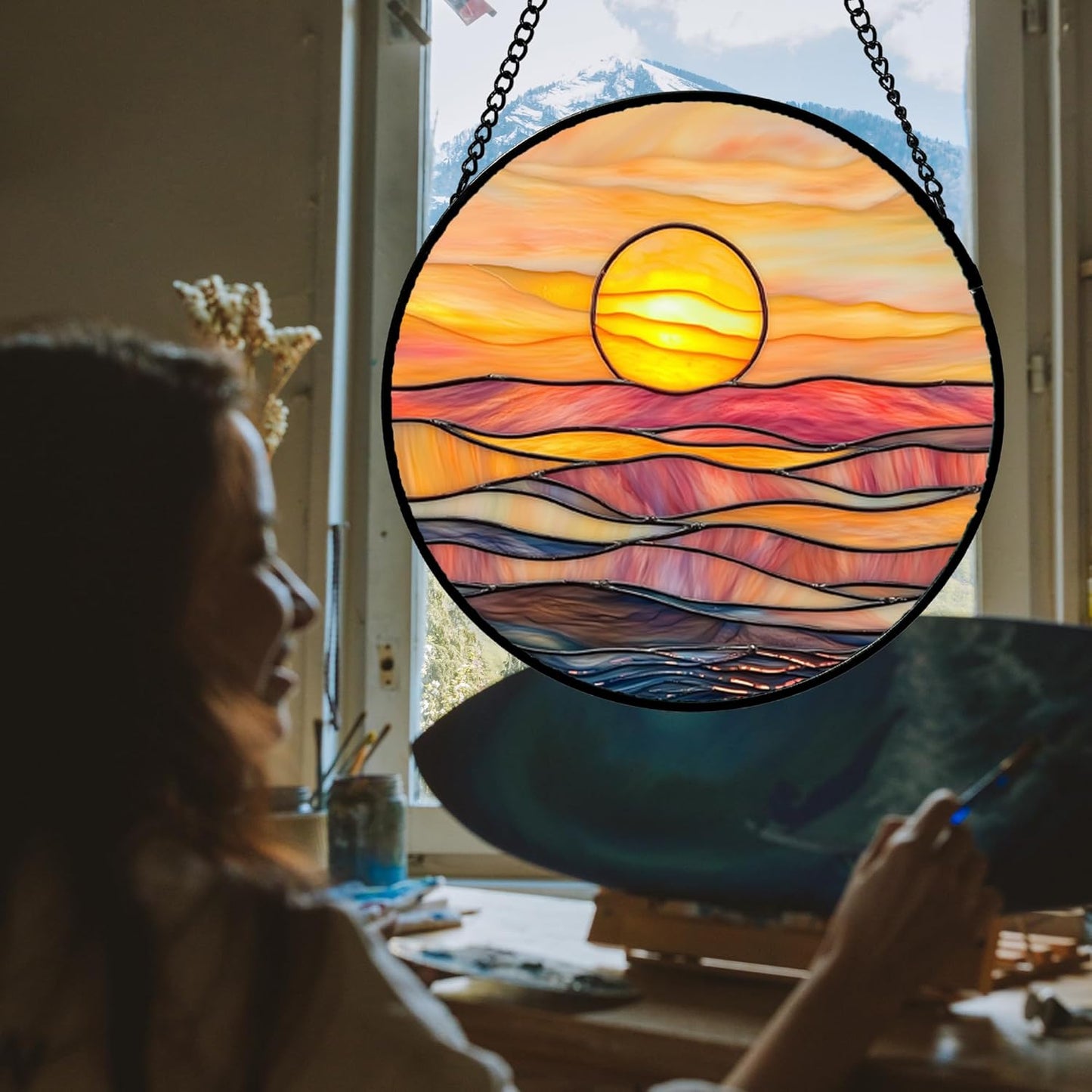 Stained Glass Window Hanging, Orange Sunrise Suncatcher Diamond Glass Panel Hangings Scenery Sun Catchers Decor for Birthday for Women, Men, Wife, Aunt, and Mom 14.9 in