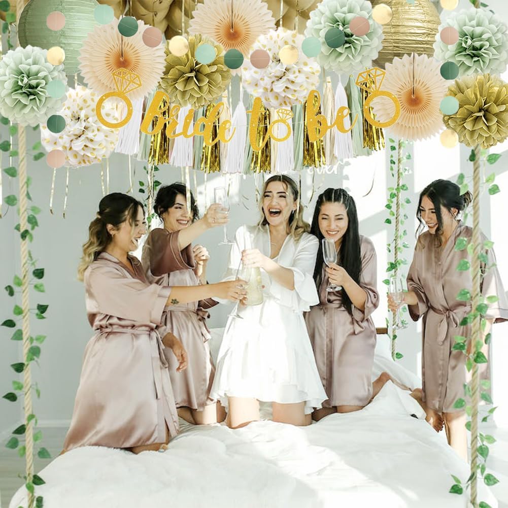 Bridal Shower Decorations Sage Green and Gold Bachelorette Party Decorations Bride to Be Banner Gold Sage Green Paper Pom Poms Lanterns Fans Beige Kit with Beige White Tassel Garland for Wedding