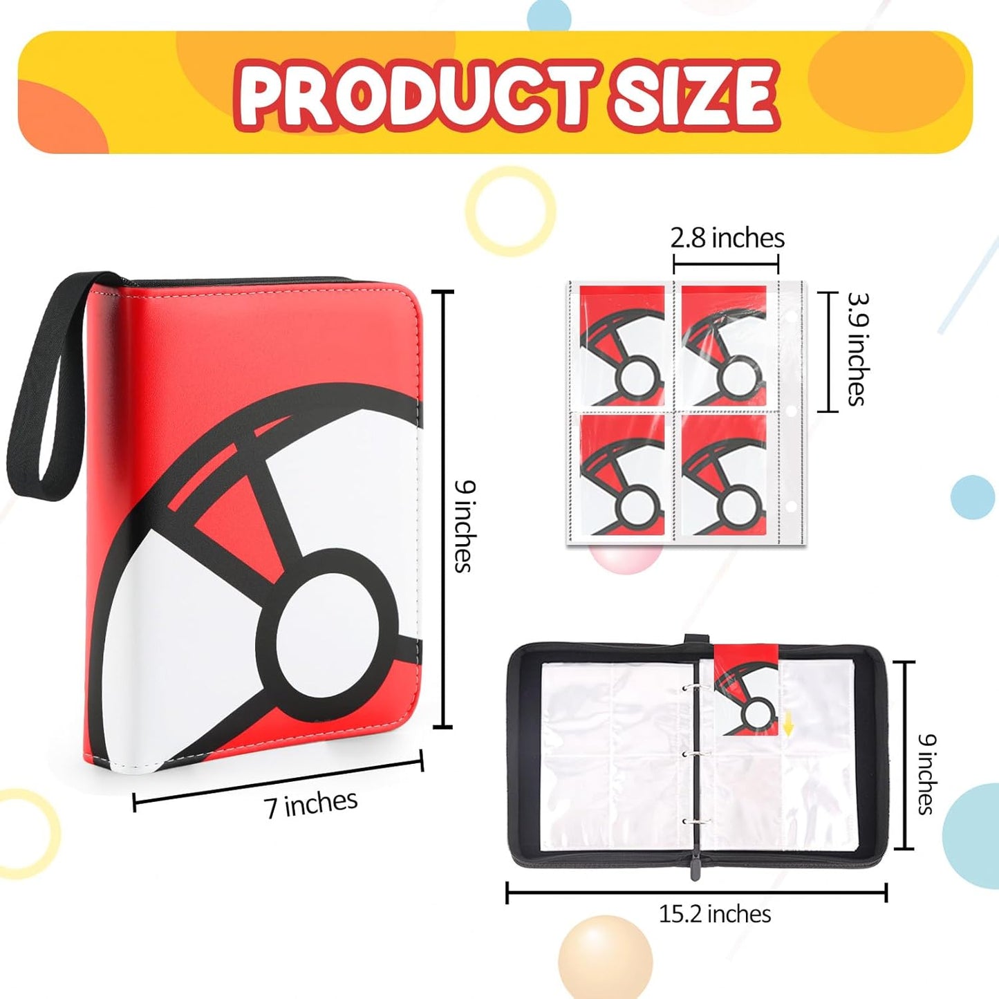 Trading Card Binder 4-Pockets, 400 Pockets Card Holder with 50 Removable Sleeves, Large Capacity & Waterproof Zipper Album Holder for Trading Card Collector, Portable Card Album Book for Game Card-Red