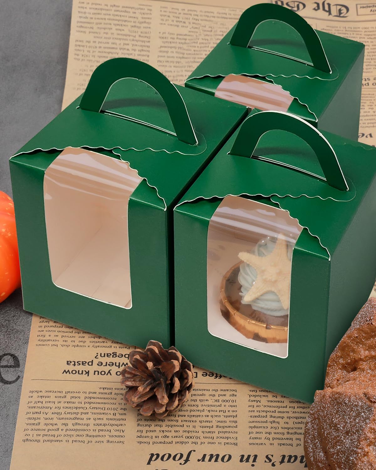 qiqee Cupcake Boxes Green Individual Cupcake Holders Disposable 50pcs Single Cupcake Boxes with Window 3.7" 3.7"*4.5" Cupcake Containers