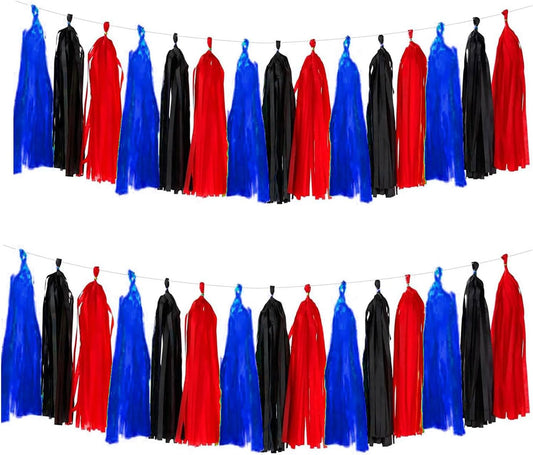Red Blue and Black Tassel Garland Banner Paper Tassels for Birthday Party Decorations,Pack of 15