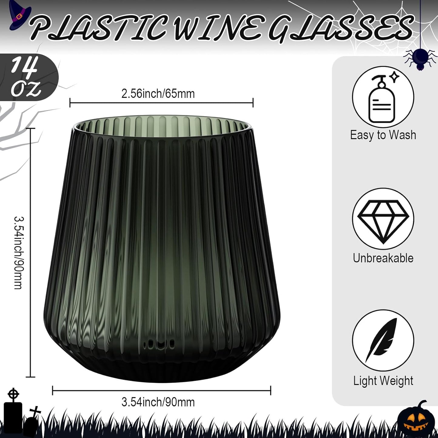 Suclain Plastic Wine Glasses Ribbed Stemless Wine Glasses 14oz Vertical Design Unbreakable Cups for Outdoor Indoor Vintage Elegant Champagne Whiskey Cups for Party Wedding(Black,50 Pcs)