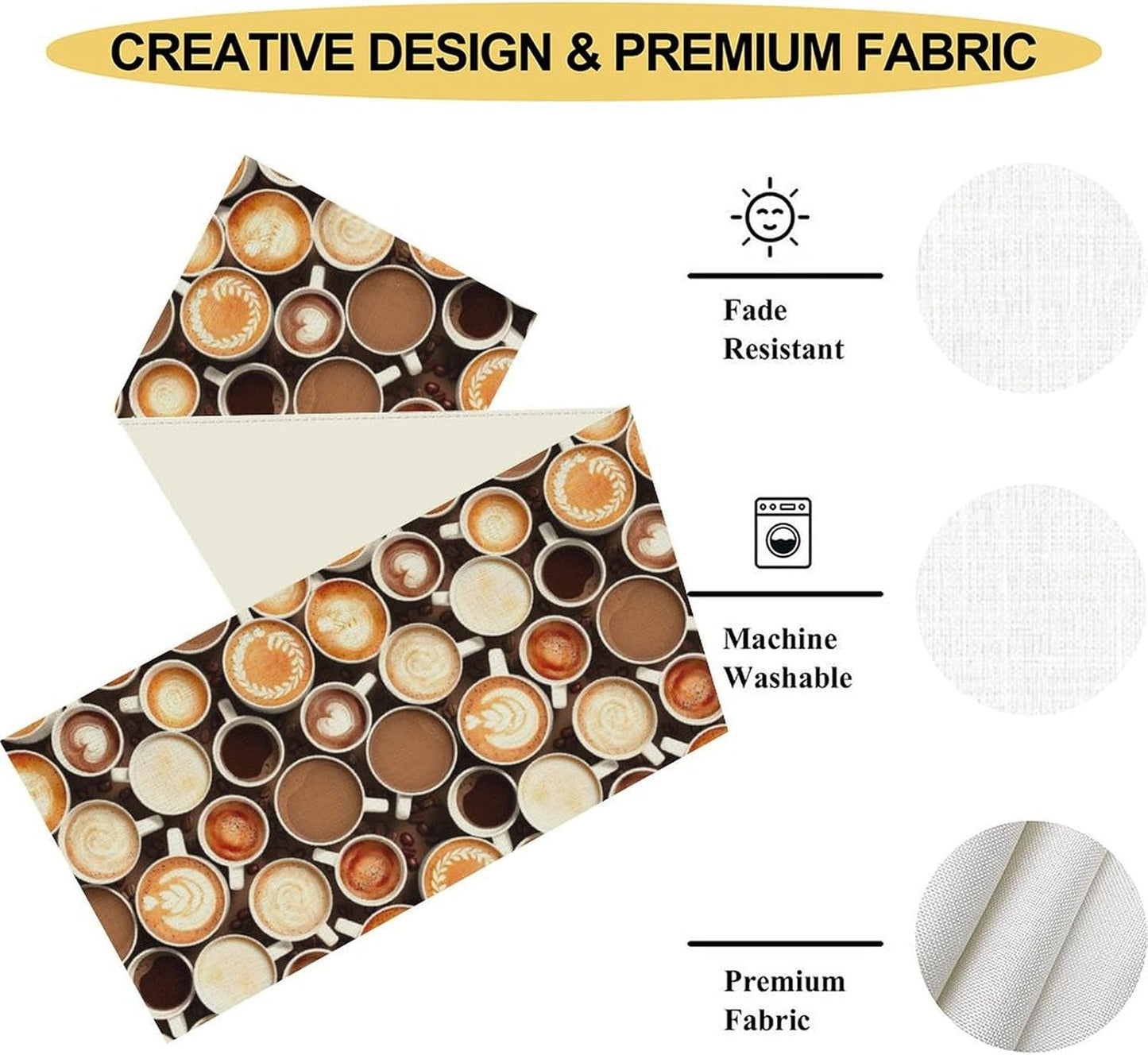 Coffee Theme Table Runner, Farmhouse Coffee Cup Latte Cappuccino Tea Party Rustic Cafe Table Center Decor for Home Kitchen Dining Patio Holiday Party Indoor Outdoor Table Decorations,13"x36" Inch