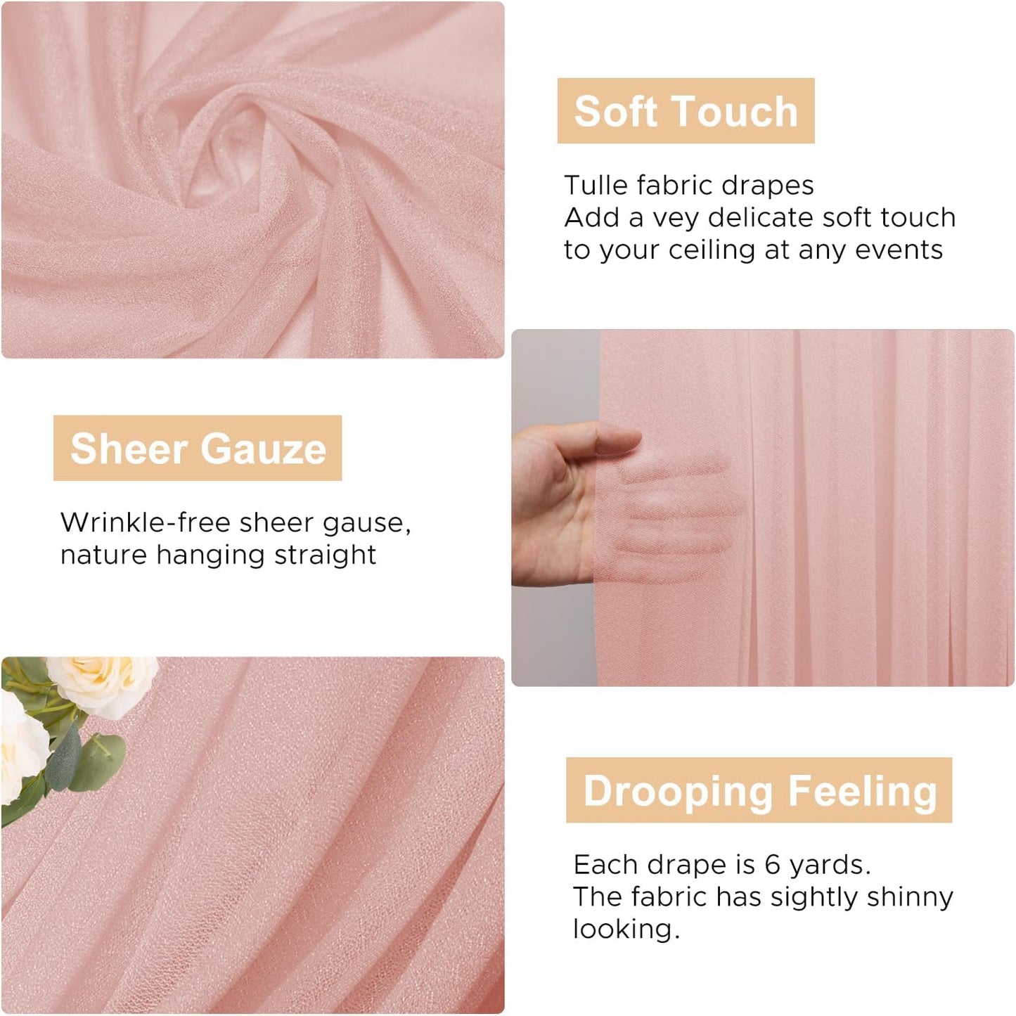 Wokceer Blush Wedding Arch Draping Fabric Backdrop 3 Panels 28.7" X 20FT Sheer Drapes Fabric for Wedding Arbor Ceremony Party