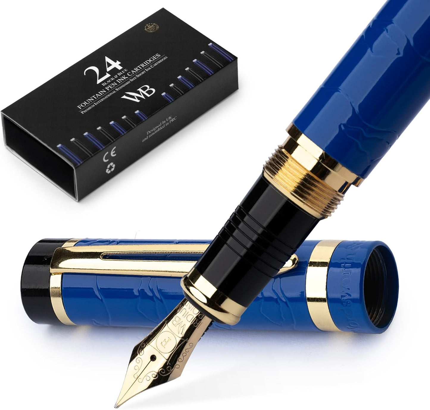Wordsworth & Black Primori Fountain Pen Set [Blue Gold]; Fine Nib, Gift Case, 24 Ink Cartridges, Refill Converter, Manual; Journaling, Calligraphy, Smooth Writing Pens; Left and Right Handed