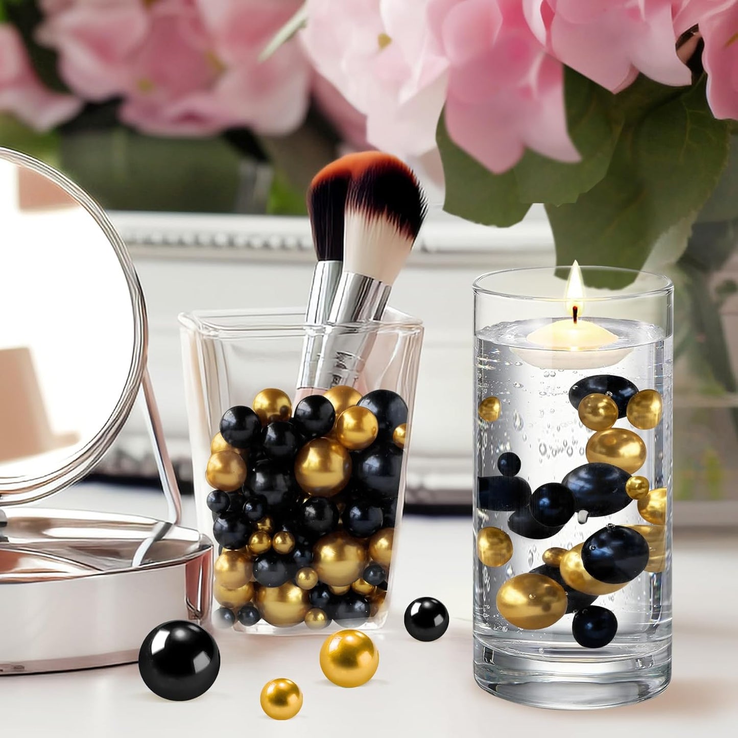 300Pcs Black&Gold Polished No Hole Faux Pearl Beads for Vase Filling Decorations, Plastic Pearls Vase Fillers, Table Scatters, Wedding Centerpiece, Home Decor, 8/14/20 mm