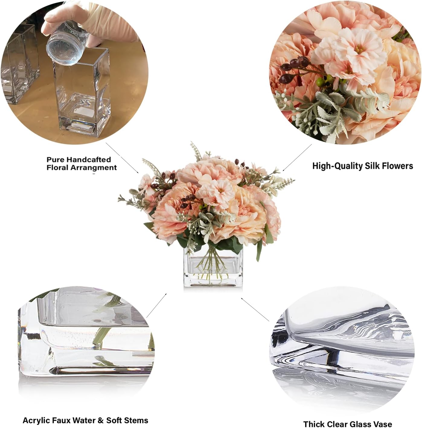 ENOVA FLORAL Artificial Flower Arrangement with Vase,Mixed Artificial Silk Peony Flower in Vase for Decoration Home Office, Wedding Centerpiece (Champagne)