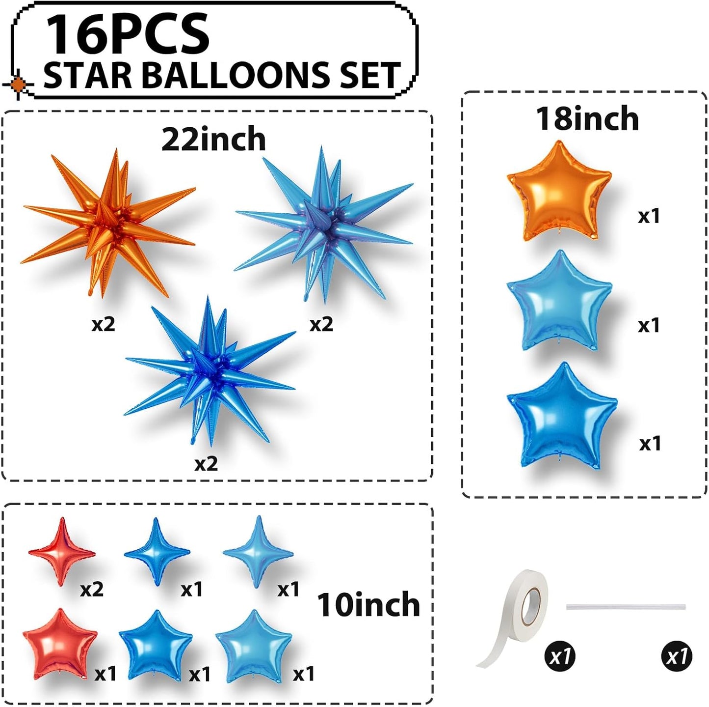 16 Pcs Orange and Blue Star Balloons, 22/18/10 Inch Foil Balloons, Four-Pointed Balloon for Kids Girl Boy Birthday Wedding Baby Shower Magic Party Decorations