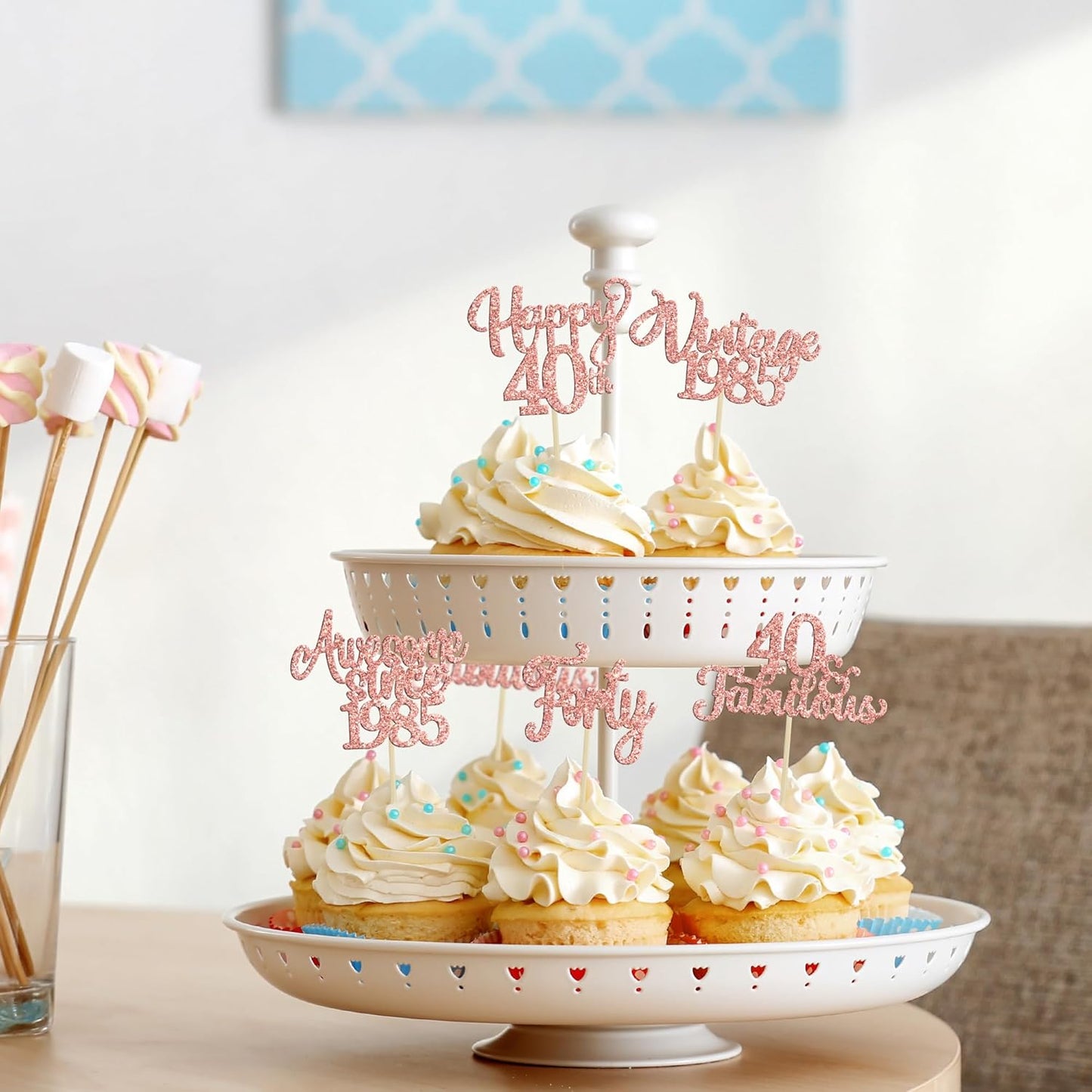 30Pcs Vintage 1985 Cupcake Toppers Glitter Forty 40 Fabulous Happy 40th Birthday Cupcake Picks Cheers to 40 Years for 40th Birthday Anniversary Party Cake Decorations Supplies Rose Gold