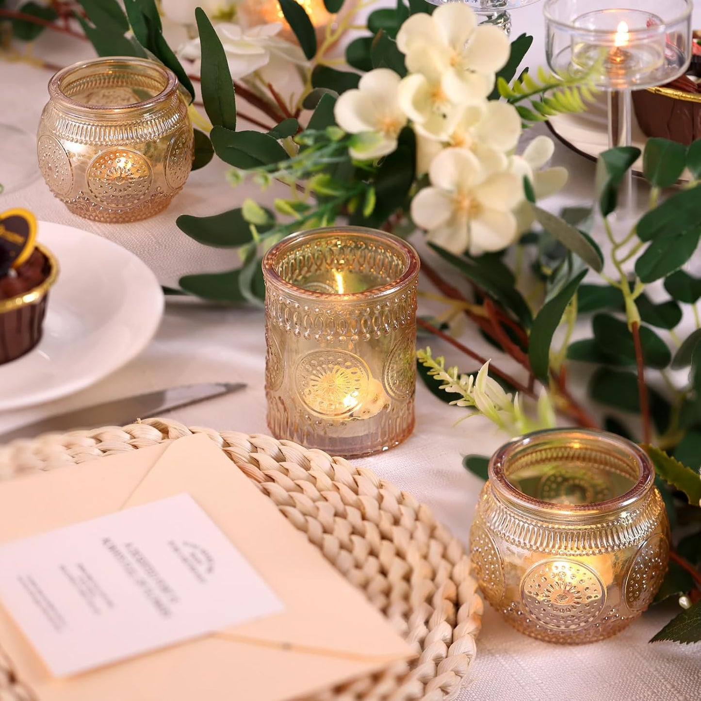 DARJEN 12Pcs Gold Votive Candle Holders - Glass Candle Holder for Table Centerpiece, Tea Lights Candle Holders for Home, Party & Wedding Shower Decoration