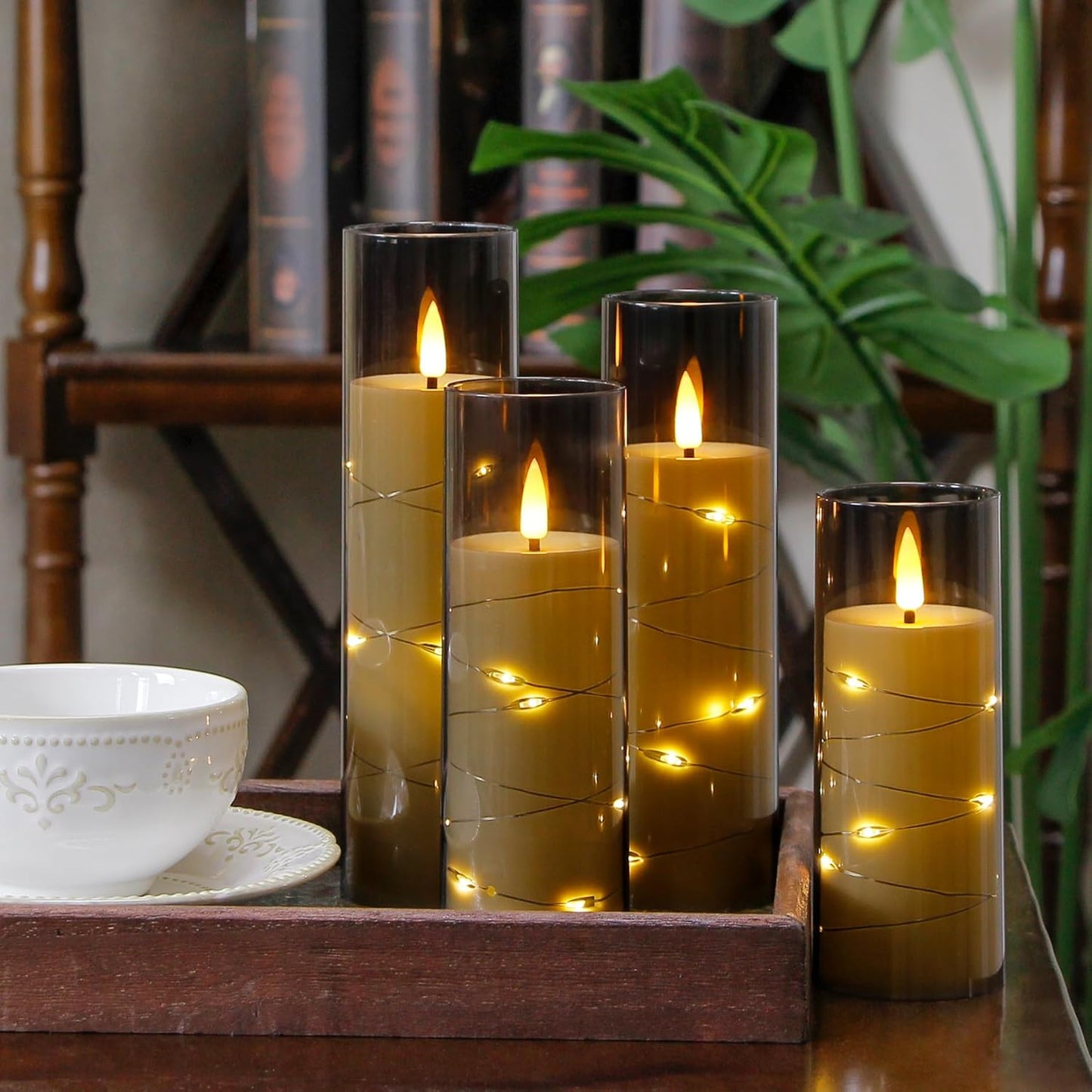 Grey Flameless Candles with Remote and String Light, 2.2"x 5",5",6",7",7",8" LED Battery Operated Plastic Flickering Timer Pillar Candles(Pack of 6,Turn On/Off String Light Mode)