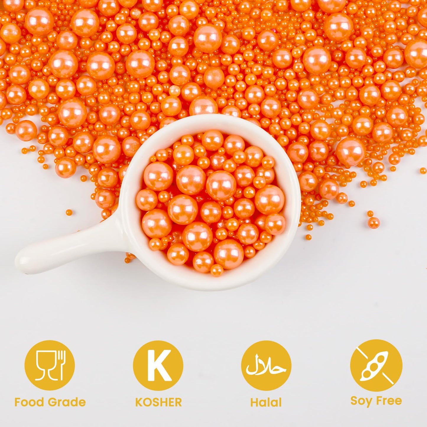 Edible Orange Pearl Sugar Sprinkles, Edible Sugar Sprinkles, Pearls for Cake Decorating, Ice Cream Toppings, Cookie Decorations, Wedding Party Halloween Supplies, 180g/6.35oz