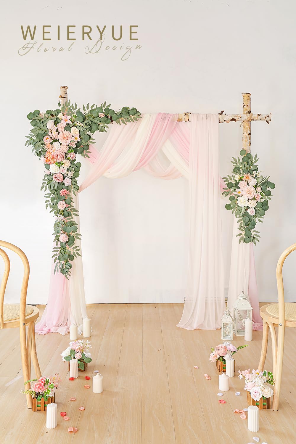 Deluxe Pink Artificial Wedding Arch Flowers with Drapes Kit-Pack of 5, 2pcs Flower Arrangements 3pcs Hanging Sheer Drapes Blue Ceremony Arbor Reception Backdrop Rose Floral Decorations.