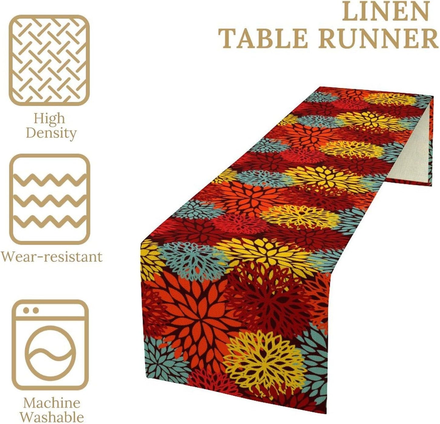 Red Yellow Dahlia Table Runner, Seasonal Autumn Thanksgiving Pattern Print for Home Kitchen Table Decor Dining Coffee Room Party Decor 13x120 Inch