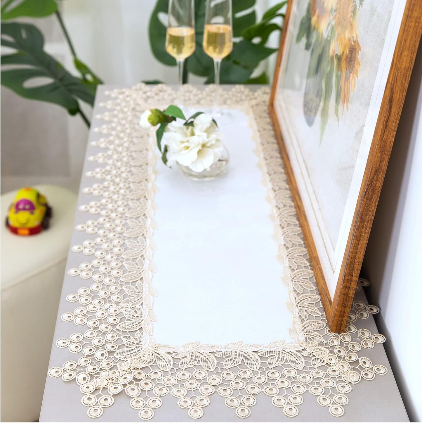 Beige lace Premium Rectangle Farmhouse Tablerunner Waterproof OilProof SpillProof AntiShrink Soft Wrinkle Resistant Decorative Fabric Table Cover Kitchen Dinning Party Wedding banque