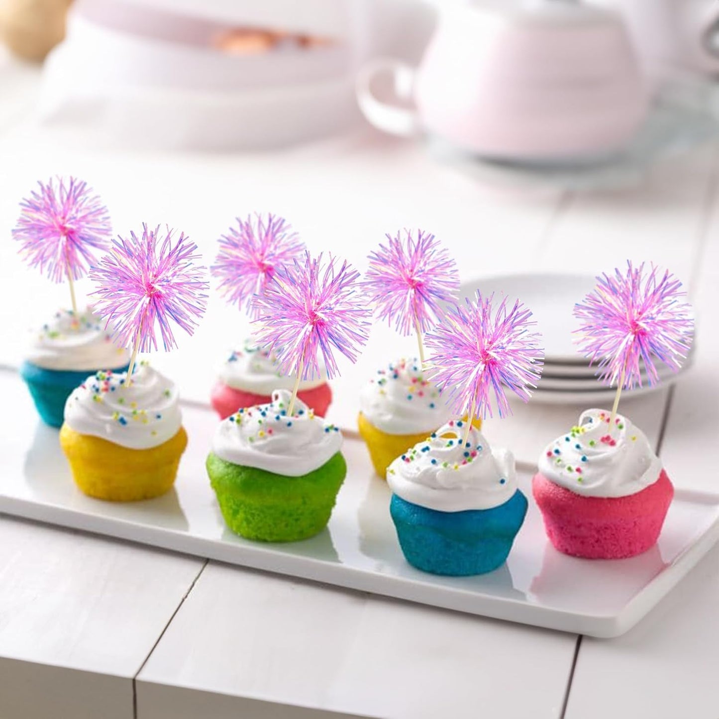 Gyufise 30Pcs Foil Firework Cupcake Toppers Sparkle Tinsel Cake Toppers Tinsel Drink Cake Decoration Cocktail Picks for Birthday Wedding Graduation Party Supplies Laser Rose Red