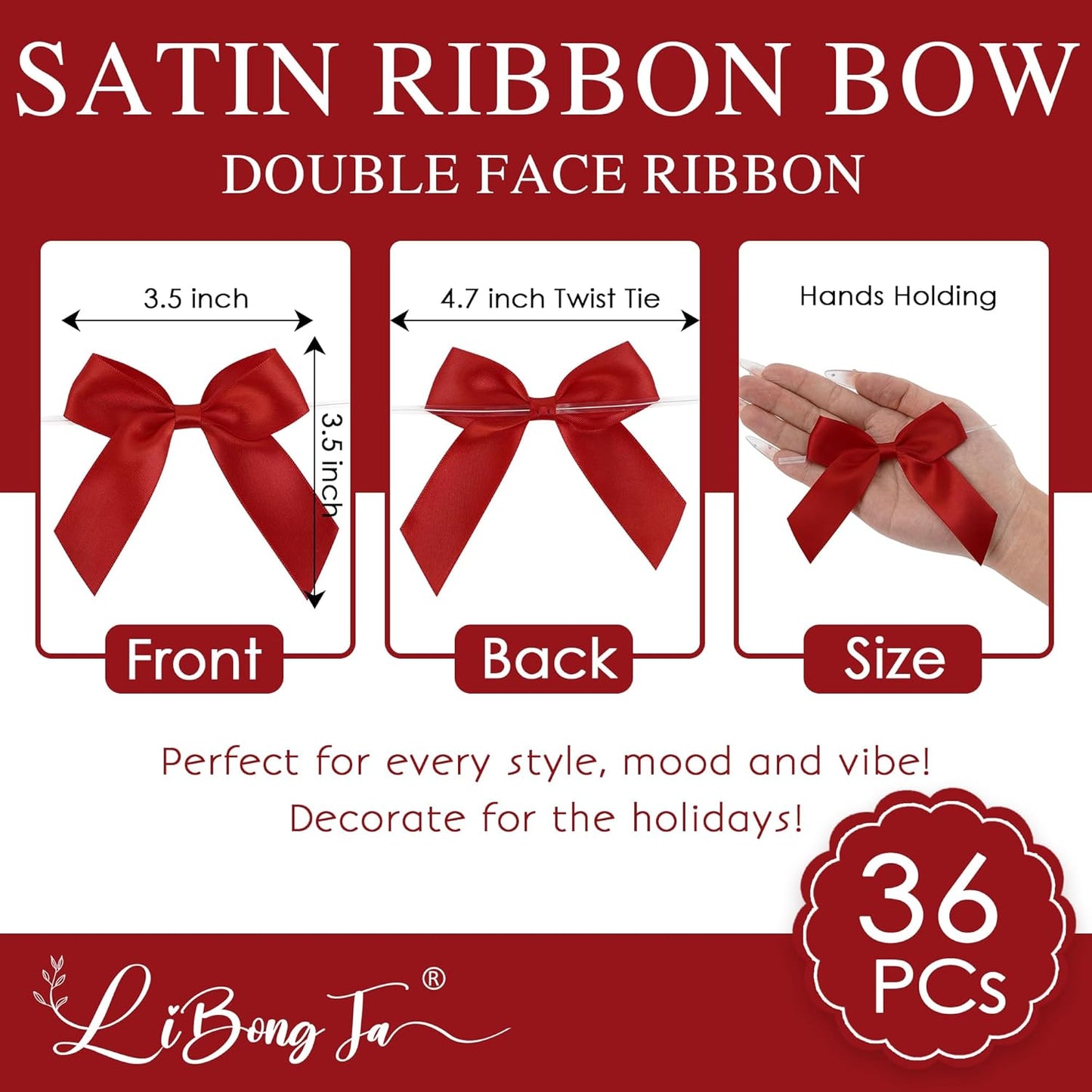 3.5" Red Bow Satin Pre-Tied Bows for Gift Wrapping, Small Bows for Crafts, Premade Bows, Candy Apple Bows, Twist Tie Bows for Cake Decorating, Party Favor, Wedding Decoration-36 Counts