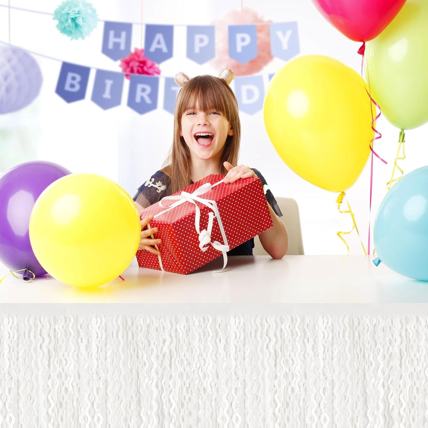 6 Pack 29 x108 Inch Macaron White Wave Foil Fringe Table Skirts Metallic Banner for Tinsel Streamer Garland Backdrop for Parade Floats, Mother's Day, Easter, Wedding, Birthday Party Decoration