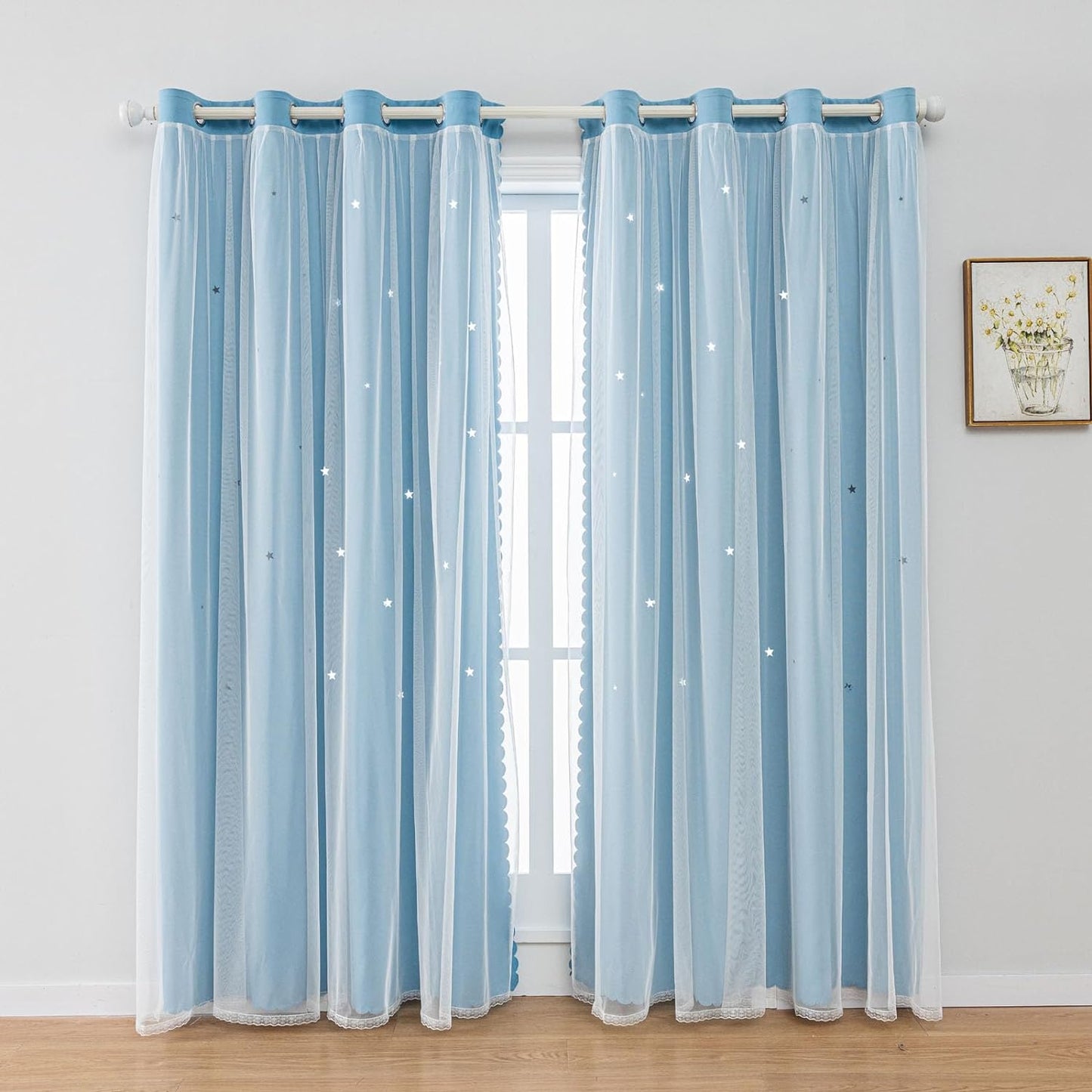 FANLI 2 Panels Star Blackout Curtains for Kid Girls Bedroom Living Room Darking Stripe Double Layer Star Cut Out Wall Home Decor Gradient Grommet Window Curtains (Blue 84L)