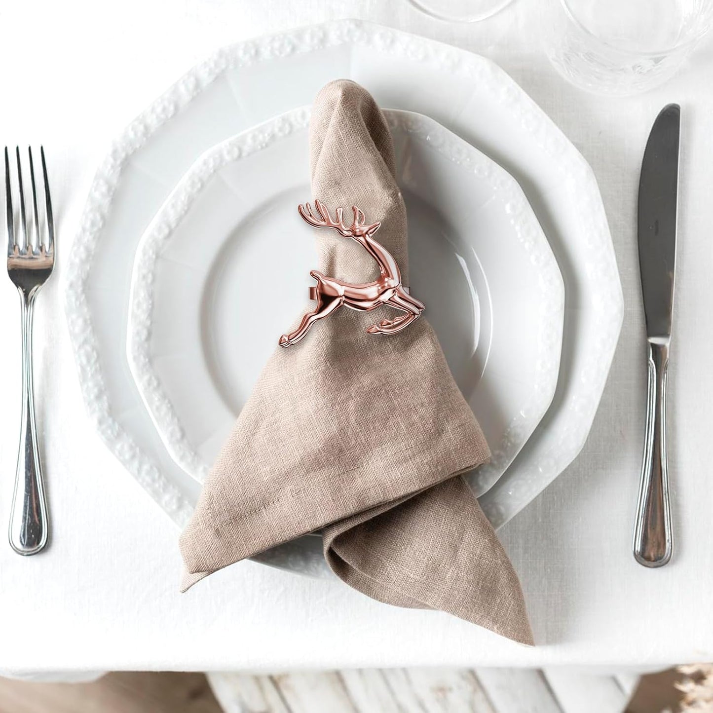 ZeeDix Set of 24 Rose Gold Elk Chic Napkin Rings for Christmas Dinning Table Setting-Wedding Receptions, Christmas, Thanksgiving and Home Kitchen for Casual or Formal