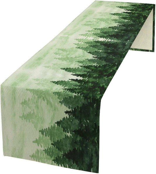 Foggy Forest Table Runner,Watercolor Wreen Misty Forest Landscape Table Runner for Kitchen Dining Table Home Party Decoration 13x60 Inch