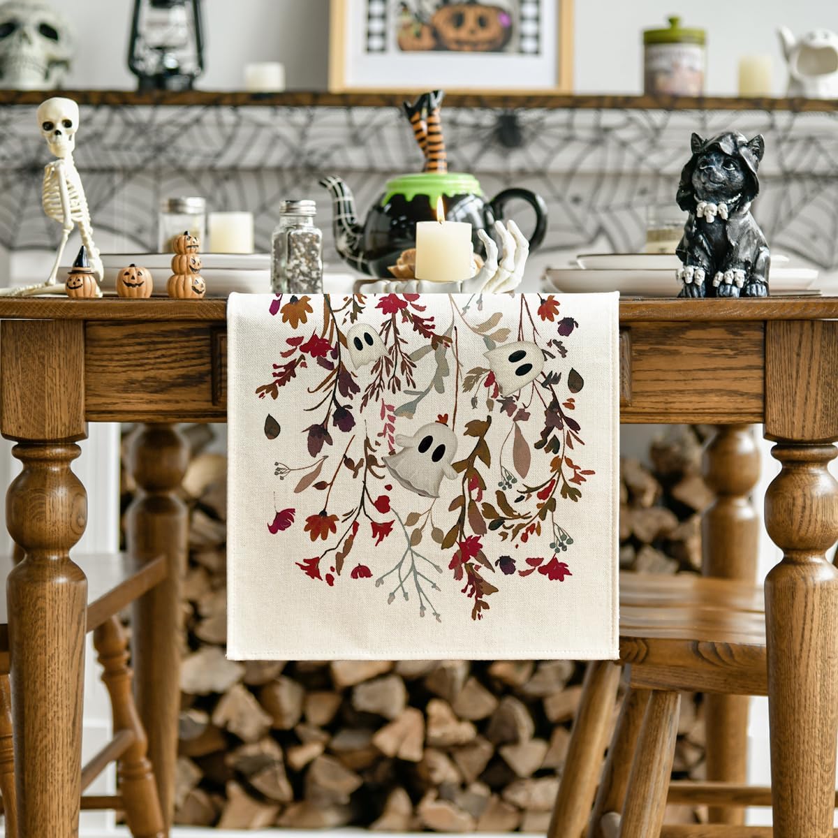 Artoid Mode Ghost Flowers Leaves 210 GSM Halloween Table Runner,Seasonal Fall Kitchen Dining Table Decoration for Home Party Decor 13x36 Inch