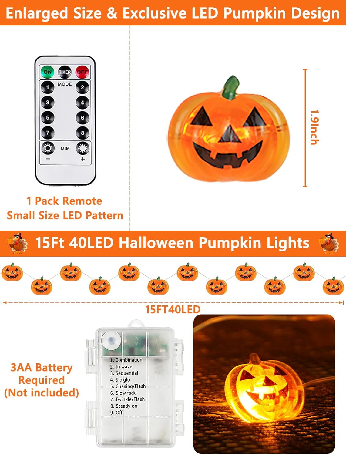 Halloween Fairy Lights Battery Operated 15Ft 40LED Orange Pumpkin String Lights 8 Modes with Remote, Warerproof Twinkle Lights with Timer for Indoor and Outdoor Halloween Decorations for Party Holiday