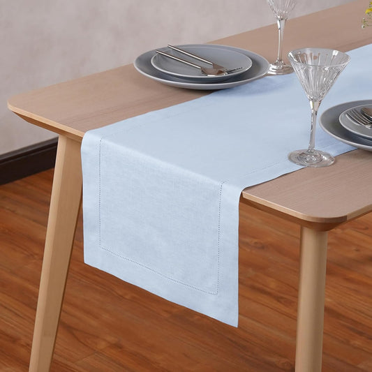 Light Blue Table Runner 36 inches – 100% Pure Linen Hemstitch Coffee Table Runner 14 x 36 Inch Ideal for Dresser and Coffee Tables – Elara, Spring, Summer, Wedding Decorations, Gift
