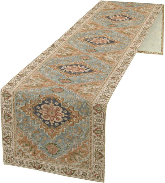 Vintage Boho Floral Table Runner, Rustic Country Farmhouse Grey Blue Orange Bohemia Flower Pattern for Home Kitchen Table Decor Dining Coffee Room Party Decor 13x72in
