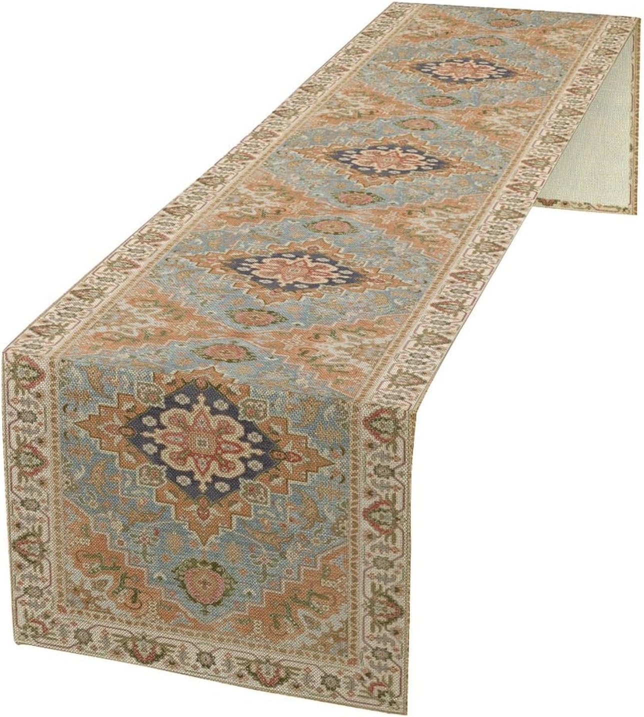 Vintage Boho Floral Table Runner, Rustic Country Farmhouse Grey Blue Orange Bohemia Flower Pattern for Home Kitchen Table Decor Dining Coffee Room Party Decor 13x120in